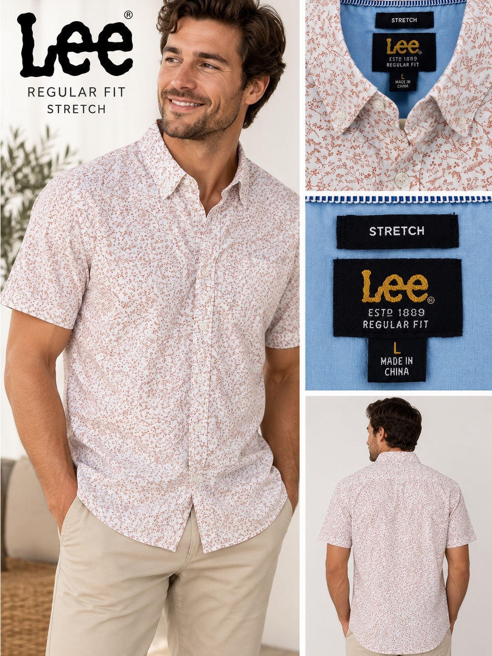 Lee Men’s Short-Sleeve Button-Down Shirt - White with Pink Floral Print